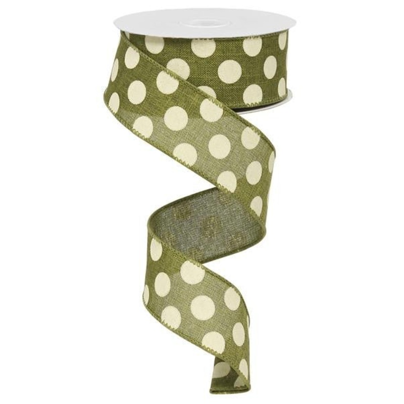 1.5" Linen Polka Dot Ribbon: Moss Green/Ivory