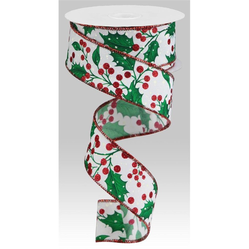 Holly Leaves/Berry Ribbon: White - 10yds