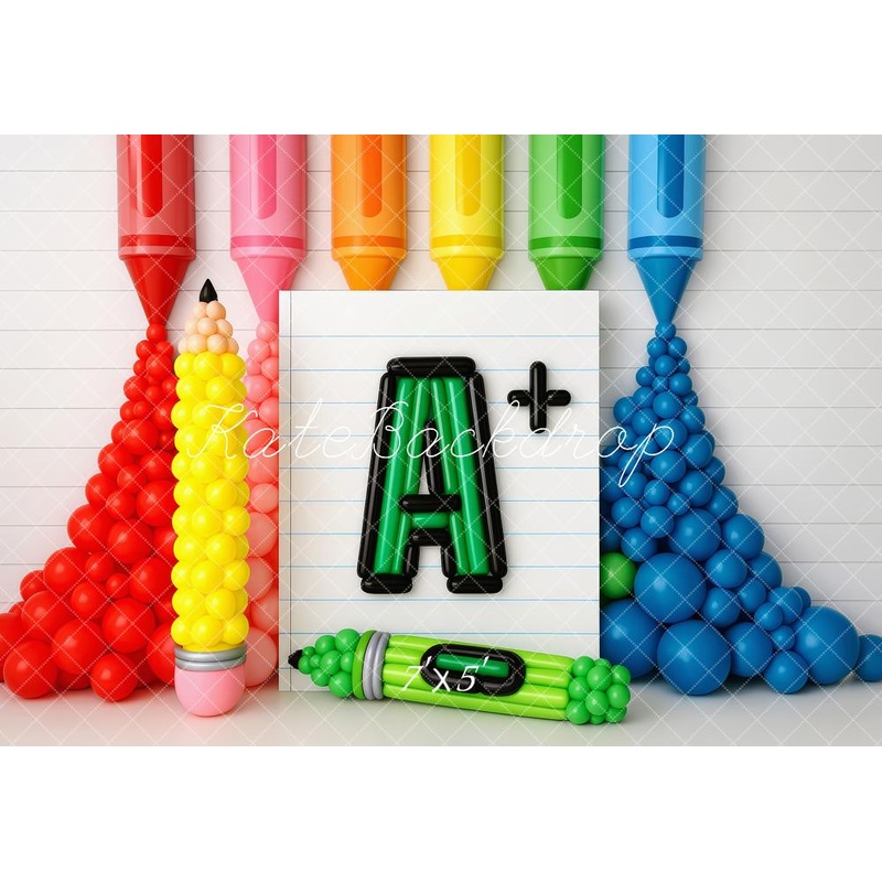 Kate Back to School Colorful Crayon A Plus Balloon Backdrop Designed by Patty Roberts Microfiber (Printed) 7x5ft - small kids sitting / cake smash