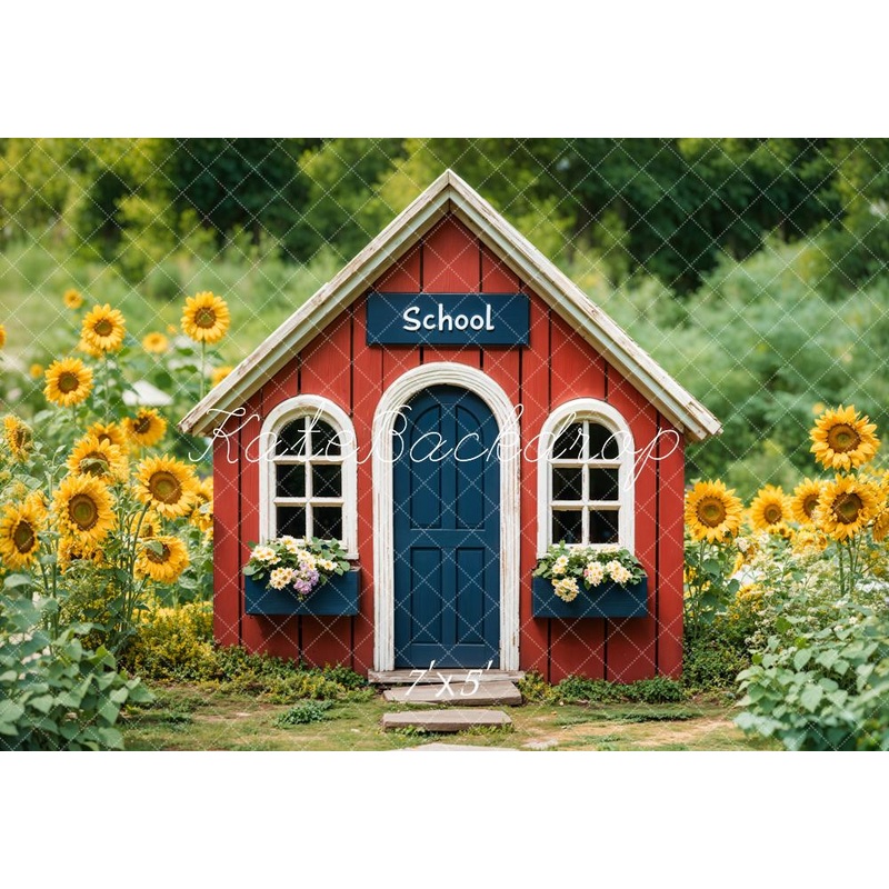 Kate Back To School Red House Sunflower Backdrop Designed by Emetselch Microfiber (Printed) 7x5ft - small kids sitting / cake smash