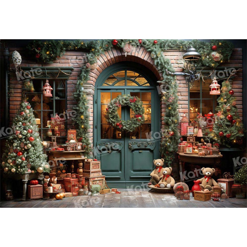 Kate Christmas Teddy Bear Gifts before Store Door Backdrop Designed by Emetselch 7x5ft - small kids sitting / cake smash Microfiber (Printed)