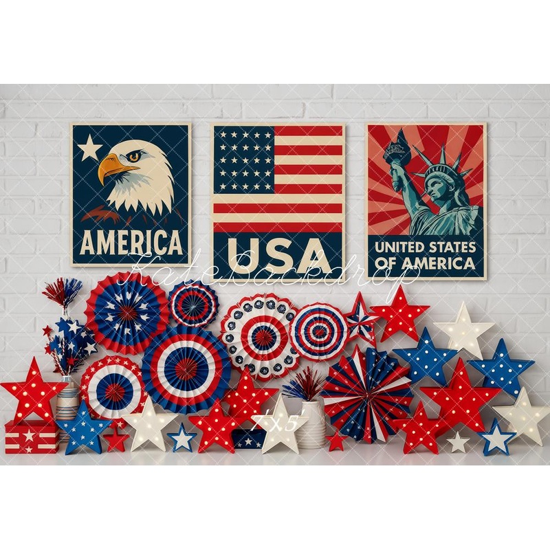 Kate Independence Day USA Flag Stars Backdrop Designed by Patty Roberts Microfiber (Printed) 7x5ft - small kids sitting / cake smash