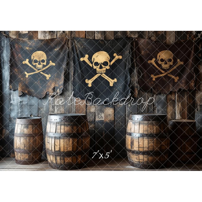 Kate Pirate Skull Barrel Black Backdrop Designed by Patty Roberts Microfiber (Printed) 7x5ft - small kids sitting / cake smash