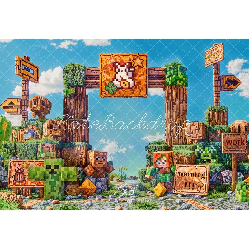 Kate Summer 3D Cartoon Block Game Model Backdrop Designed by Chain Photography 7x5ft - small kids sitting / cake smash Microfiber (Printed)