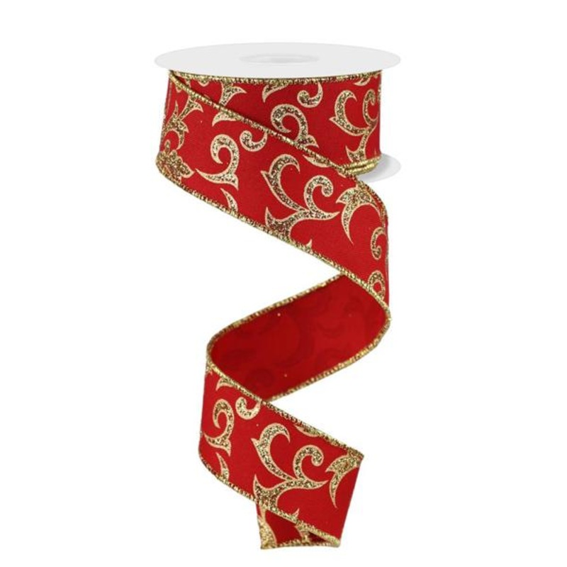 1.5" Glitter Acanthus Leaf Ribbon: Red/Gold