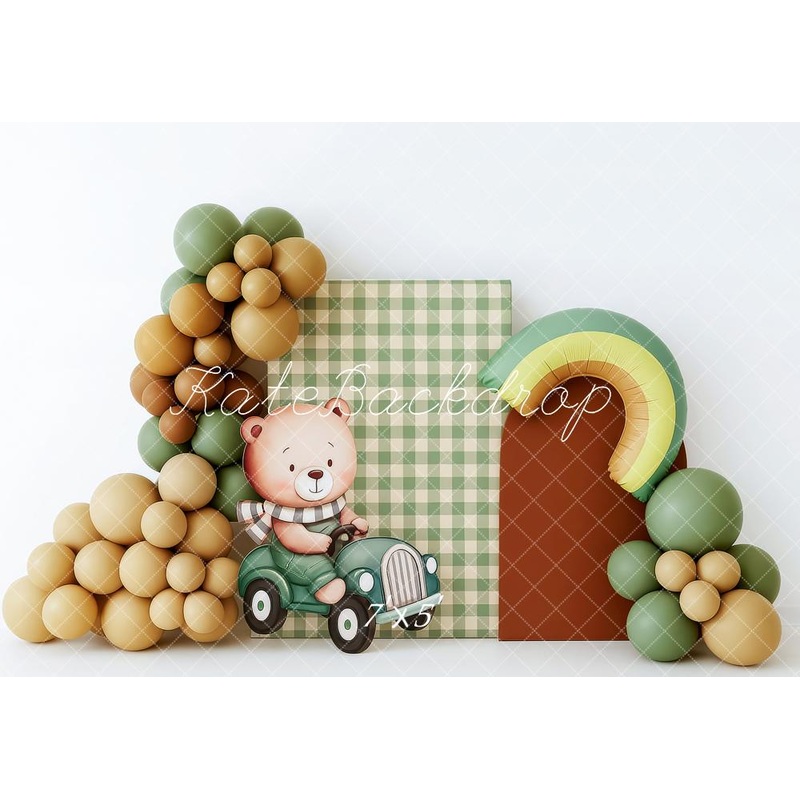 Kate Cake Smash Avocado Bear Balloon Arch Backdrop Designed by Patty Roberts Microfiber (Printed) 7x5ft - small kids sitting / cake smash