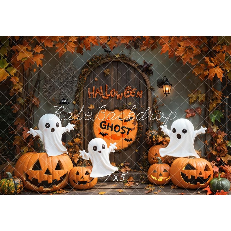 Kate Halloween Ghost Pumpkin Vintage Door Backdrop Designed by Emetselch Microfiber (Printed) 7x5ft - small kids sitting / cake smash