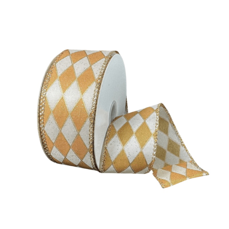 1.5" Ivory Glitter/Gold Metallic Harlequin Ribbon - 10yds