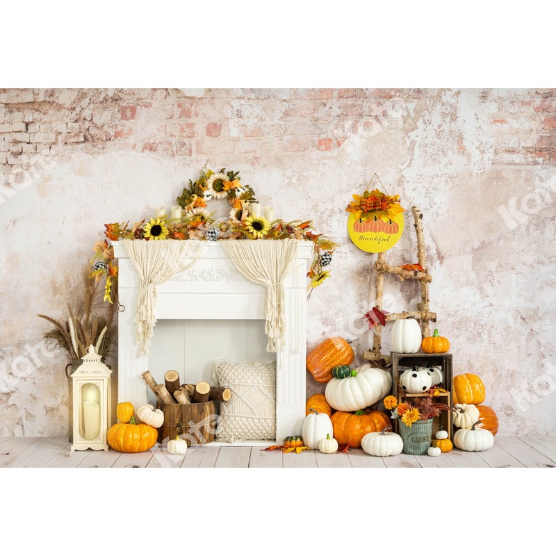 Kate Autumn Backdrop Fireplace Pumpkins Designed by Emetselch 5x3ft - newborns and babies Microfiber (Printed)
