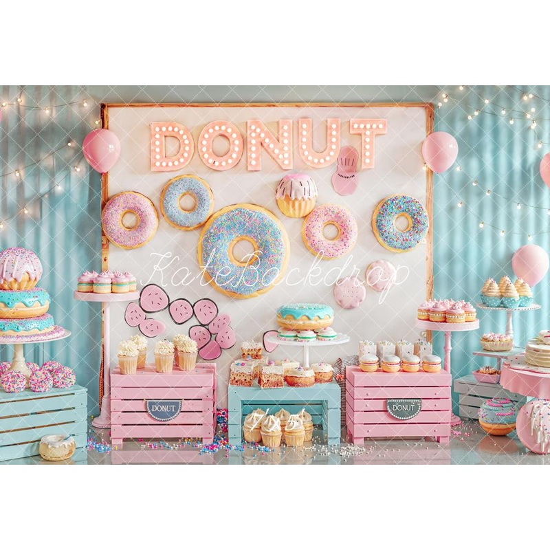 Kate Cake Smash Donut Dessert Table Cupcakes Pastel Backdrop Designed by Emetselch Microfiber (Printed) 7x5ft - small kids sitting / cake smash