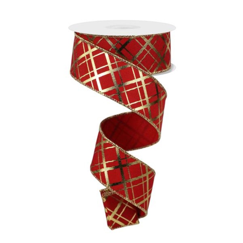 1.5" Thick/Thin Diagonal Check Ribbon: Red/Metallic Gold - 10yds