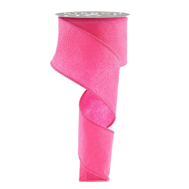 2.5" Embossed Flower/Leaves Ribbon: Hot Pink - 10yds