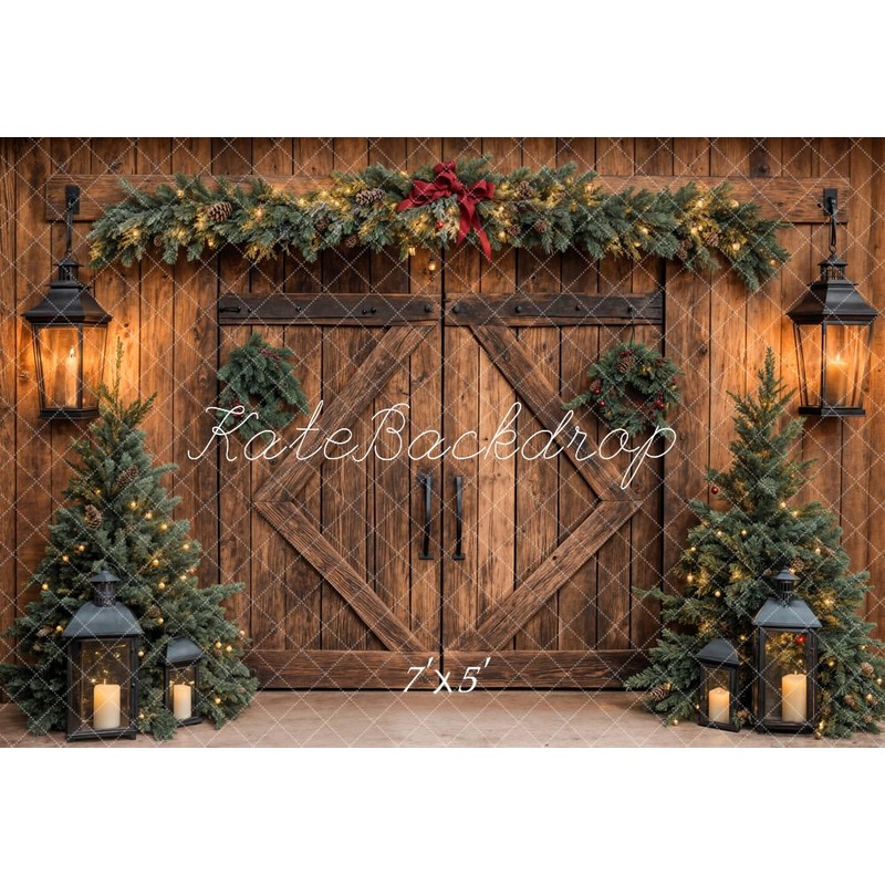 Kate Christmas Tree Rustic Barn Door Backdrop Designed by Emetselch Microfiber (Printed) 7x5ft - small kids sitting / cake smash