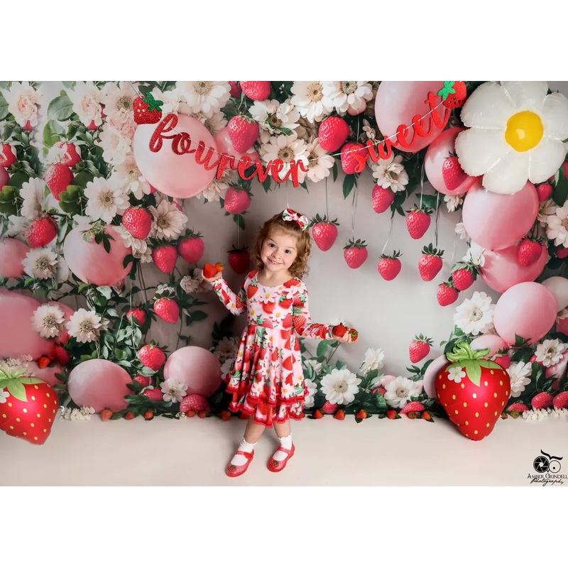 Kate Spring Strawberry Flower Balloon Arch Backdrop Designed by Emetselch Microfiber (Printed) 7x5ft - small kids sitting / cake smash