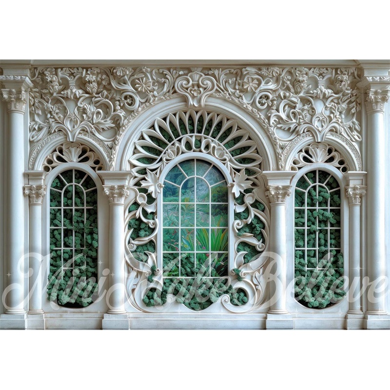 Kate White Green Ornate Arched Window Wall Backdrop Designed by Mini MakeBelieve 7x5ft - small kids sitting / cake smash Microfiber (Printed)