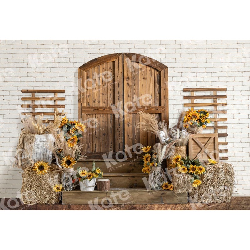 Kate Autumn Backdrop Sunflower Barn Designed by Emetselch 5x3ft - newborns and babies Microfiber (Printed)