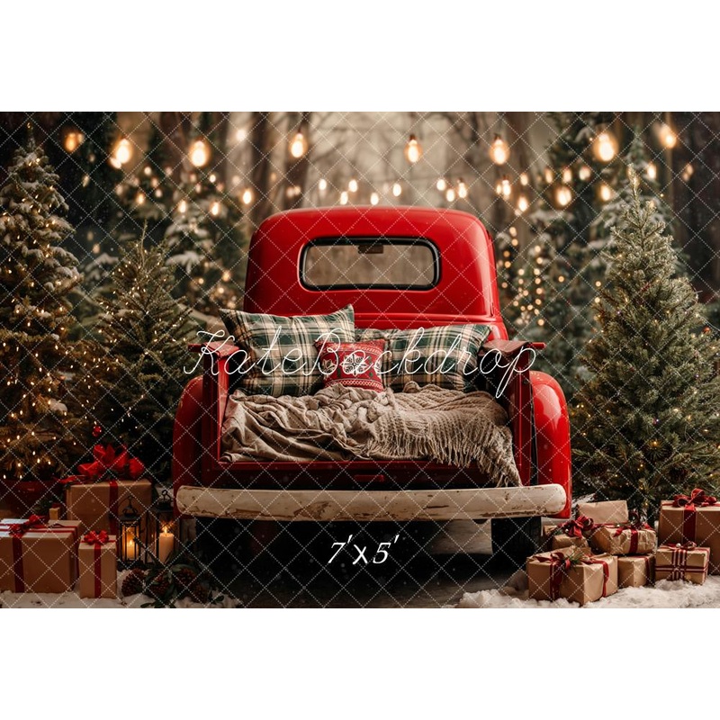 Kate Christmas Red Truck Pine Trees String Lights Backdrop Designed by Emetselch Microfiber (Printed) 7x5ft - small kids sitting / cake smash