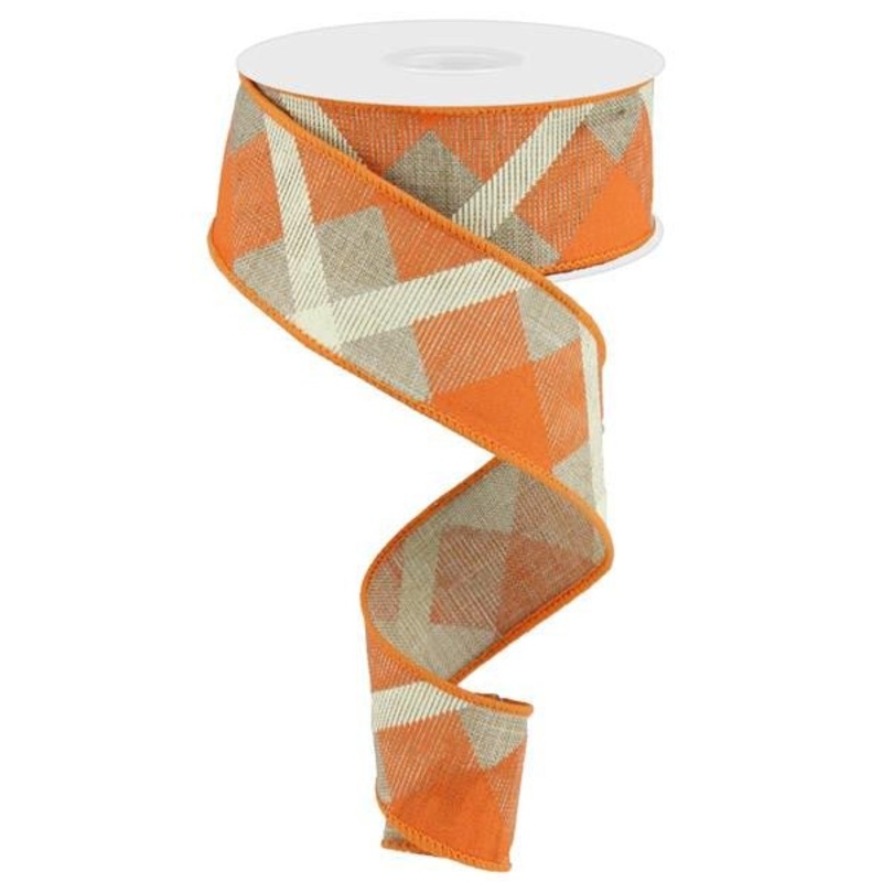 1.5" Diagonal Plaid Ribbon: Beige/Orange/Cream - 10yds