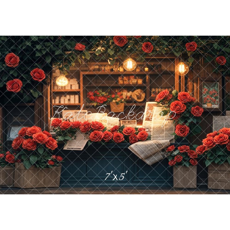 Kate Valentine Vintage Rose Newsstand Backdrop Designed by Emetselch Microfiber (Printed) 7x5ft - small kids sitting / cake smash