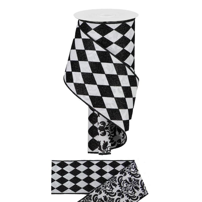 4" Double Layer Blk/Wht Damask Harlequin Ribbon - 10yds