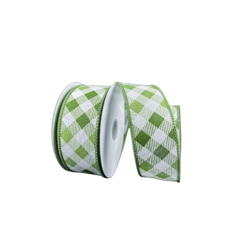 1.5" Diamond Ombre Check Ribbon: Green/White - 10yds