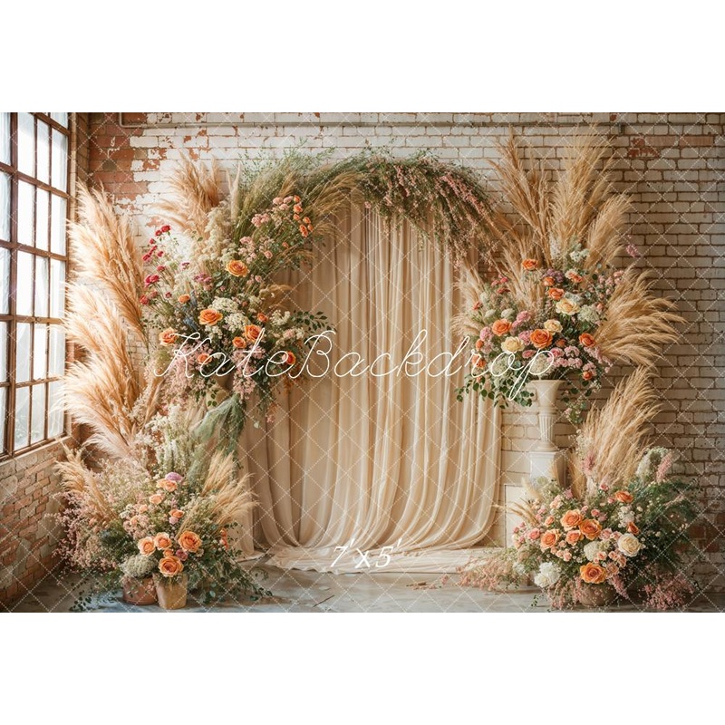 Kate Boho Pampas Grass Beige Flower Arch Window Backdrop Designed by Emetselch Microfiber (Printed) 7x5ft - small kids sitting / cake smash