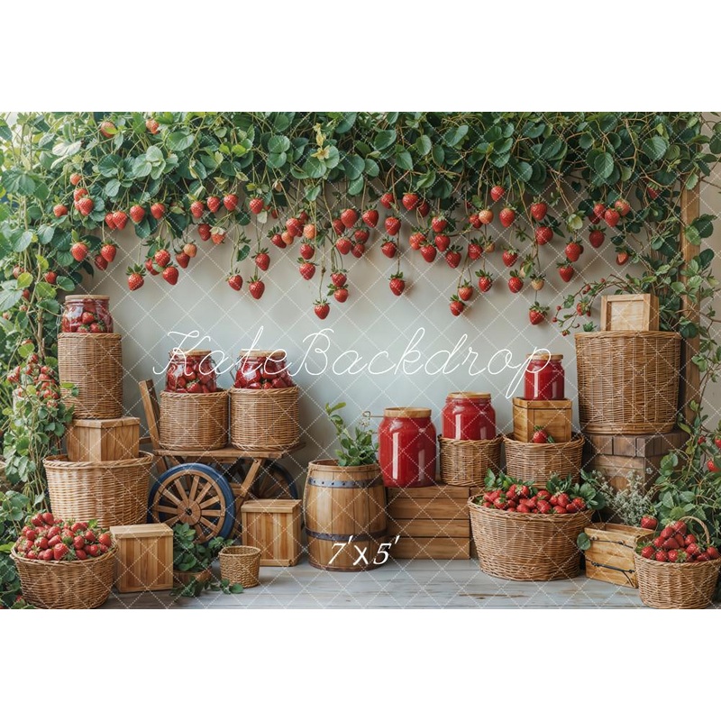 Kate Summer Strawberry Harvest Basket Rustic Backdrop Designed by Emetselch Microfiber (Printed) 7x5ft - small kids sitting / cake smash