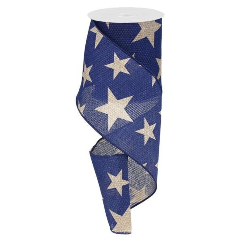 4" X 10Yds Faux Burlap Star Ribbon: Navy Blue/Beige