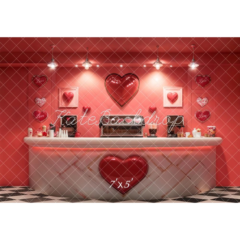 Kate Valentine Coffee Bar Red Heart Backdrop Designed by Emetselch Microfiber (Printed) 7x5ft - small kids sitting / cake smash
