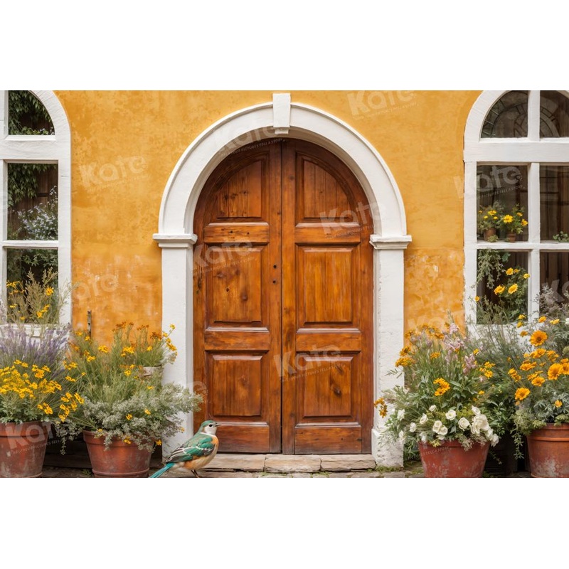 Kate Yellow Flowers Wooden Door Window Backdrop for Photography 7x5ft - small kids sitting / cake smash Microfiber (Printed)