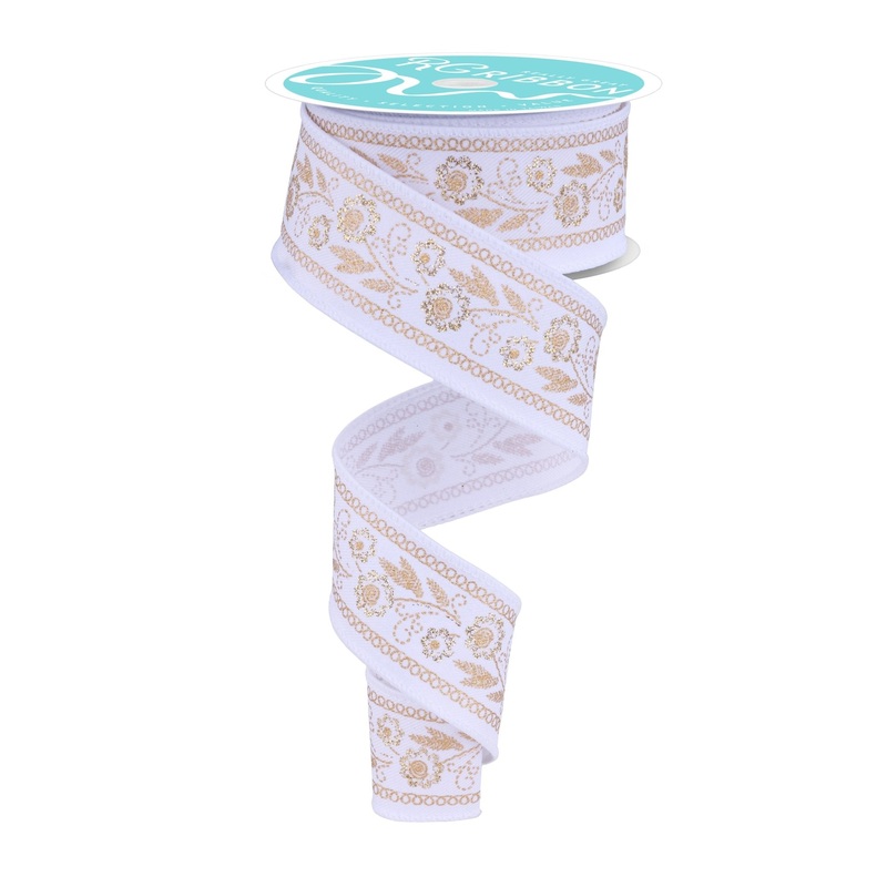 1.5" Embroidered Look Floral Ribbon: White/Gold - 10yds