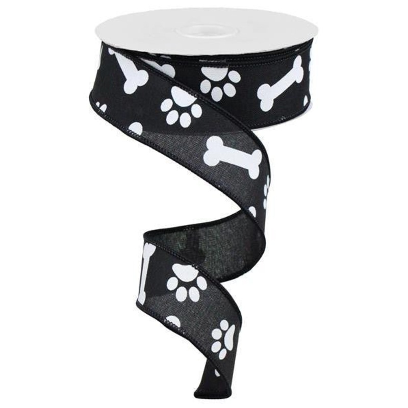 1.5" Paw Print Bone Ribbon: Black/White - 10yds