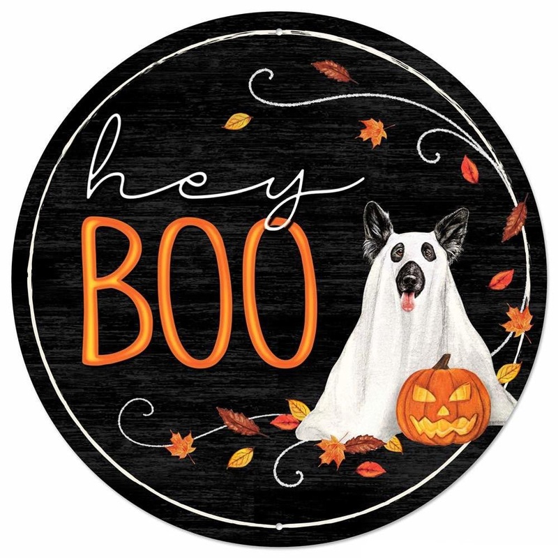 12" Metal Hey Boo Halloween Dog Sign