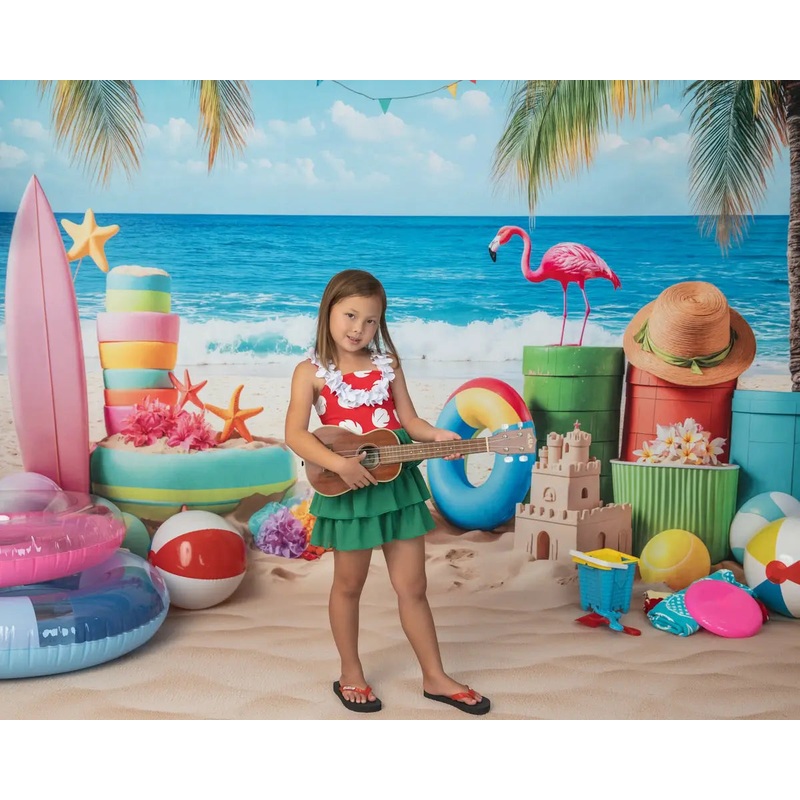 Kate Summer Beach Flamingo Palm Surfboard Backdrop Designed by Kate Image Microfiber (Printed) 7x5ft - small kids sitting / cake smash