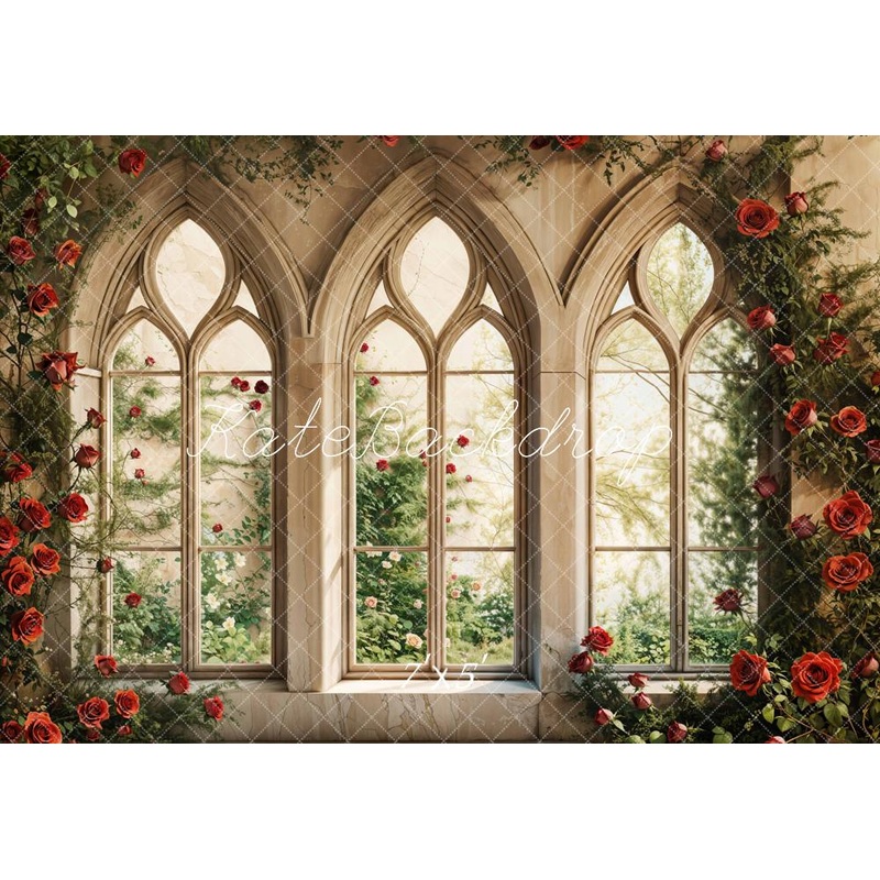 Kate Valentine Gothic Window Rose Backdrop Designed by Emetselch Microfiber (Printed) 7x5ft - small kids sitting / cake smash
