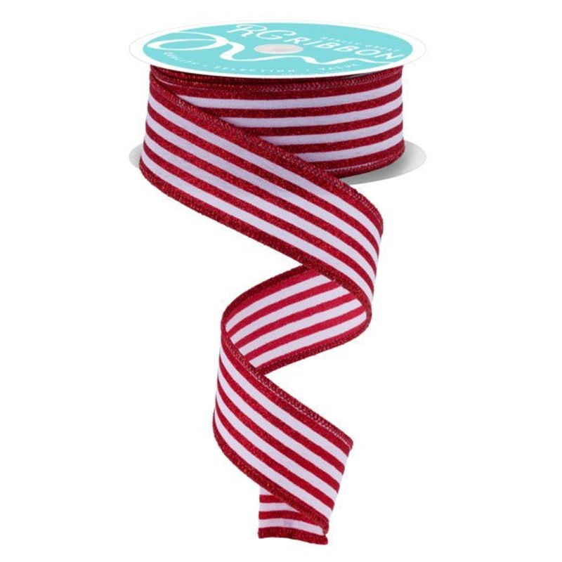1.5" Glitter Vertical Stripe Ribbon: Red/White