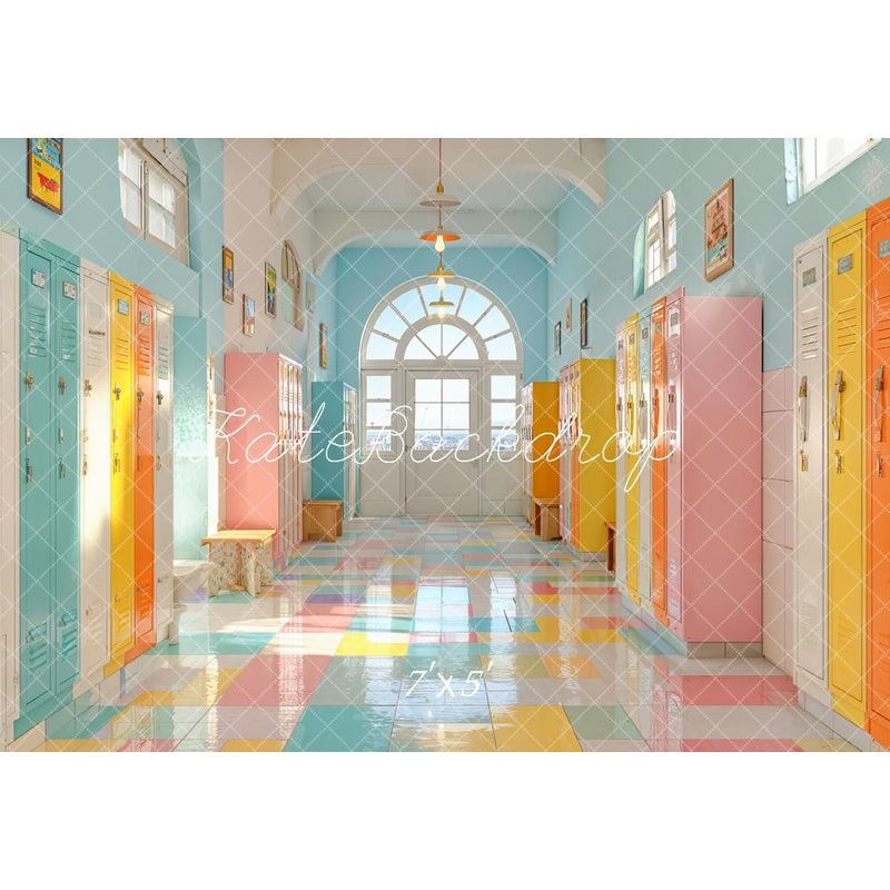 Kate Back To School Colorful Pastel Lockers Hallway Arch Backdrop Designed by Emetselch Microfiber (Printed) 7x5ft - small kids sitting / cake smash