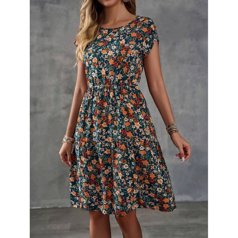 UNISHE - Floral Elastic Waist Short Sleeves Round Neck Dress ZK2696 Multi 2XL