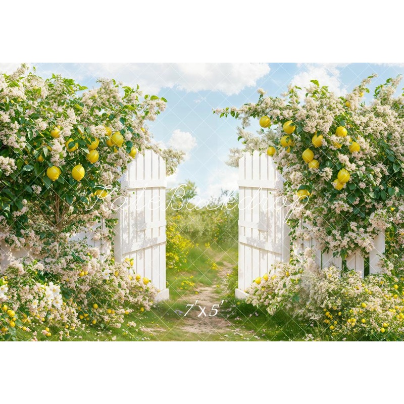 Kate Summer Lemon Garden Gate Backdrop Designed by Emetselch Microfiber (Printed) 7x5ft - small kids sitting / cake smash