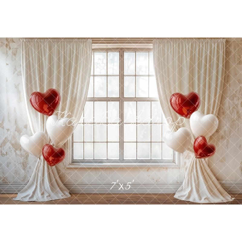 Kate Valentine Heart Balloons Curtain Window Backdrop Designed by Emetselch Microfiber (Printed) 7x5ft - small kids sitting / cake smash