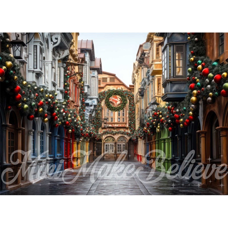 Kate Winter Christmas Village Street Colorful Backdrop Designed by Mini MakeBelieve 7x5ft - small kids sitting / cake smash Microfiber (Printed)