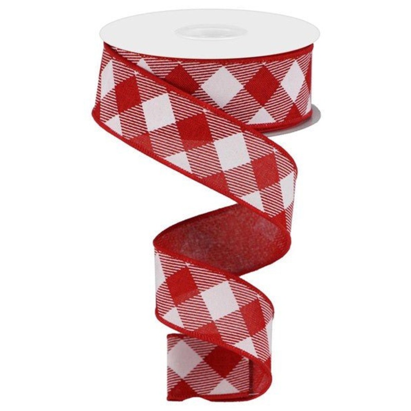 1.5" Diagonal Check Ribbon: Red/White - 10yds