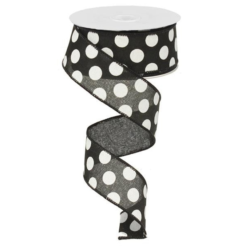1.5" Linen Polka Dot Ribbon: Black/White