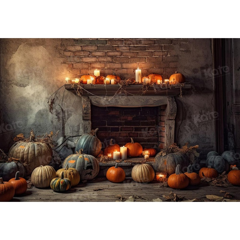 Kate Autumn Halloween Fireplace Pumpkin Shabby Wall Backdrop Designed by Chain Photography 7x5ft - small kids sitting / cake smash Microfiber (Printed)