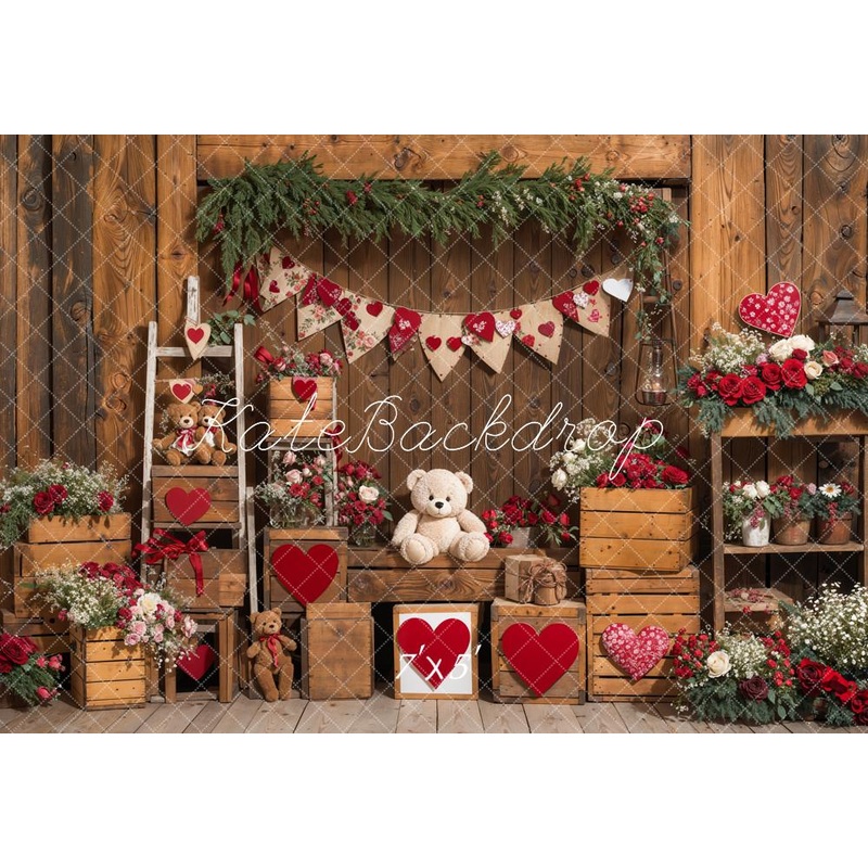 Kate Valentine's Day Rustic Teddy Bear Heart Backdrop Designed by Emetselch Microfiber (Printed) 7x5ft - small kids sitting / cake smash