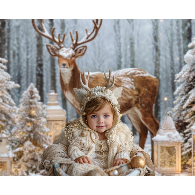 Kate Winter Forest Christmas Tree Elk Backdrop Designed by Emetselch 7x5ft - small kids sitting / cake smash Microfiber (Printed)