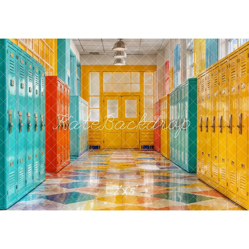 Kate Back to School Colorful Lockers Hallway Backdrop Designed by Emetselch Microfiber (Printed) 7x5ft - small kids sitting / cake smash