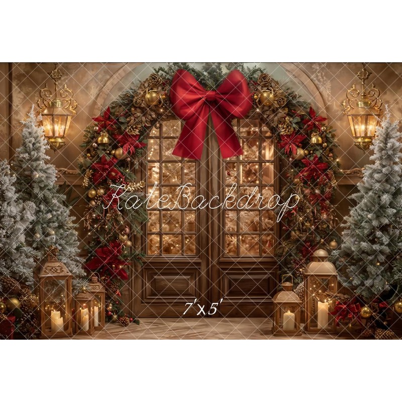 Kate Christmas Arch Door Red Bow Pine Trees Lanterns Backdrop Designed by Emetselch Microfiber (Printed) 7x5ft - small kids sitting / cake smash