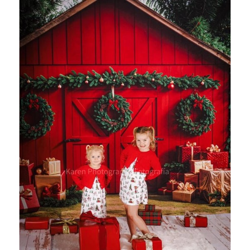 Kate Christmas Barn With Gifts Boxes Backdrop Designed by Emetselch Microfiber (Printed) 7x5ft - small kids sitting / cake smash