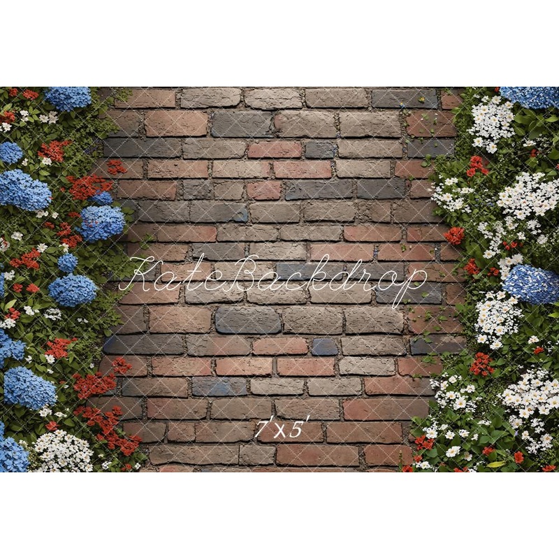 Kate Summer Floral Brick Floor Backdrop Designed by Kate Image Microfiber (Printed) 7x5ft - small kids sitting / cake smash